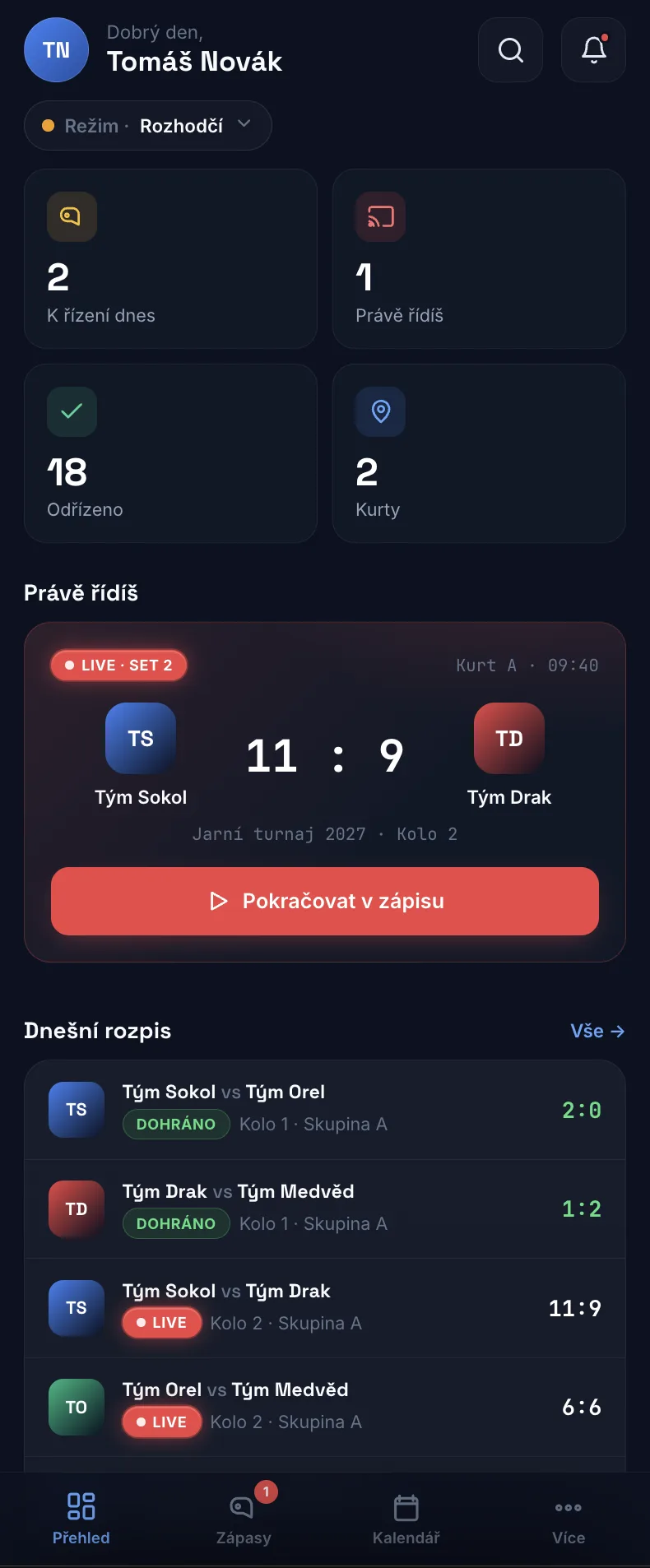 Konzole rozhodčího na mobilu - skórování zápasu